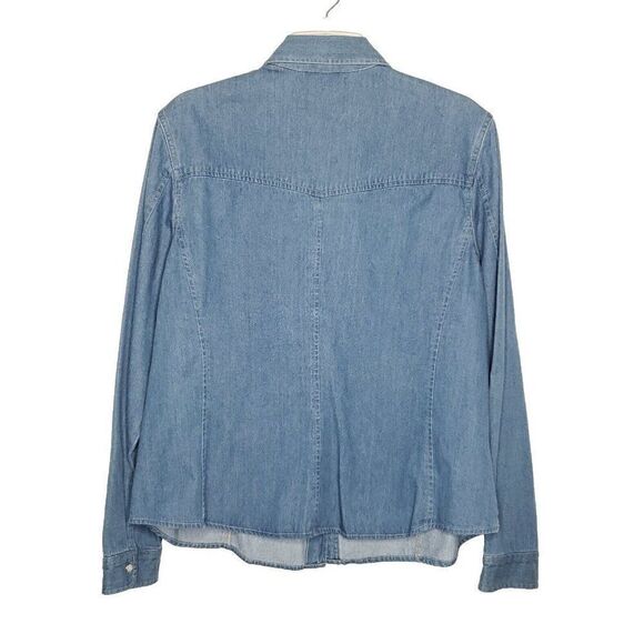 Y2K Womens Western Denim Shirt 14 L Pearl Snaps Pockets Cowgirl Rodeo Glam Blue - Picture 2 of 5